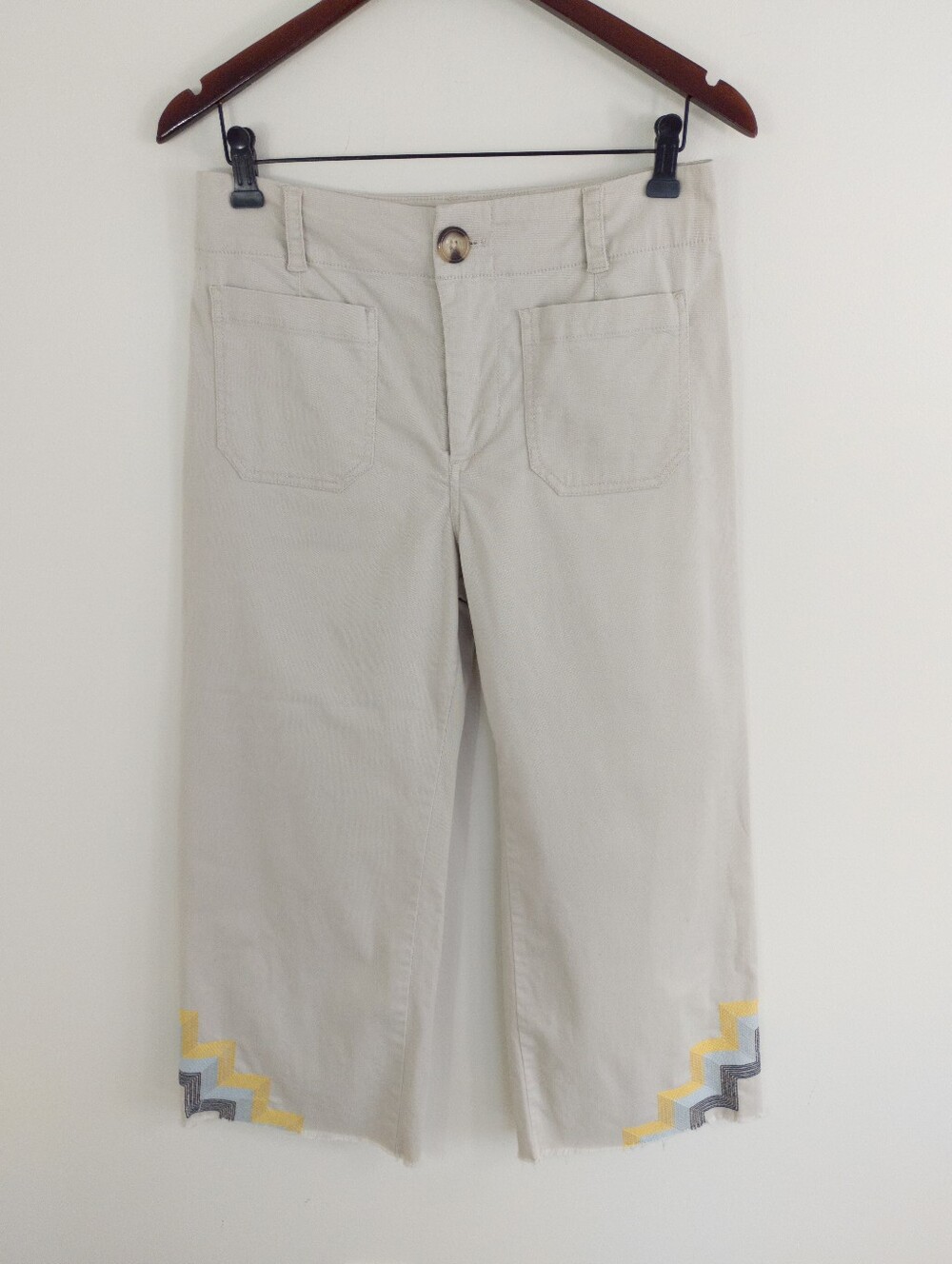 Anthropologie Maeve Halle Embroidered Zigzag Hem Cropped Wide Leg Pants Size 4